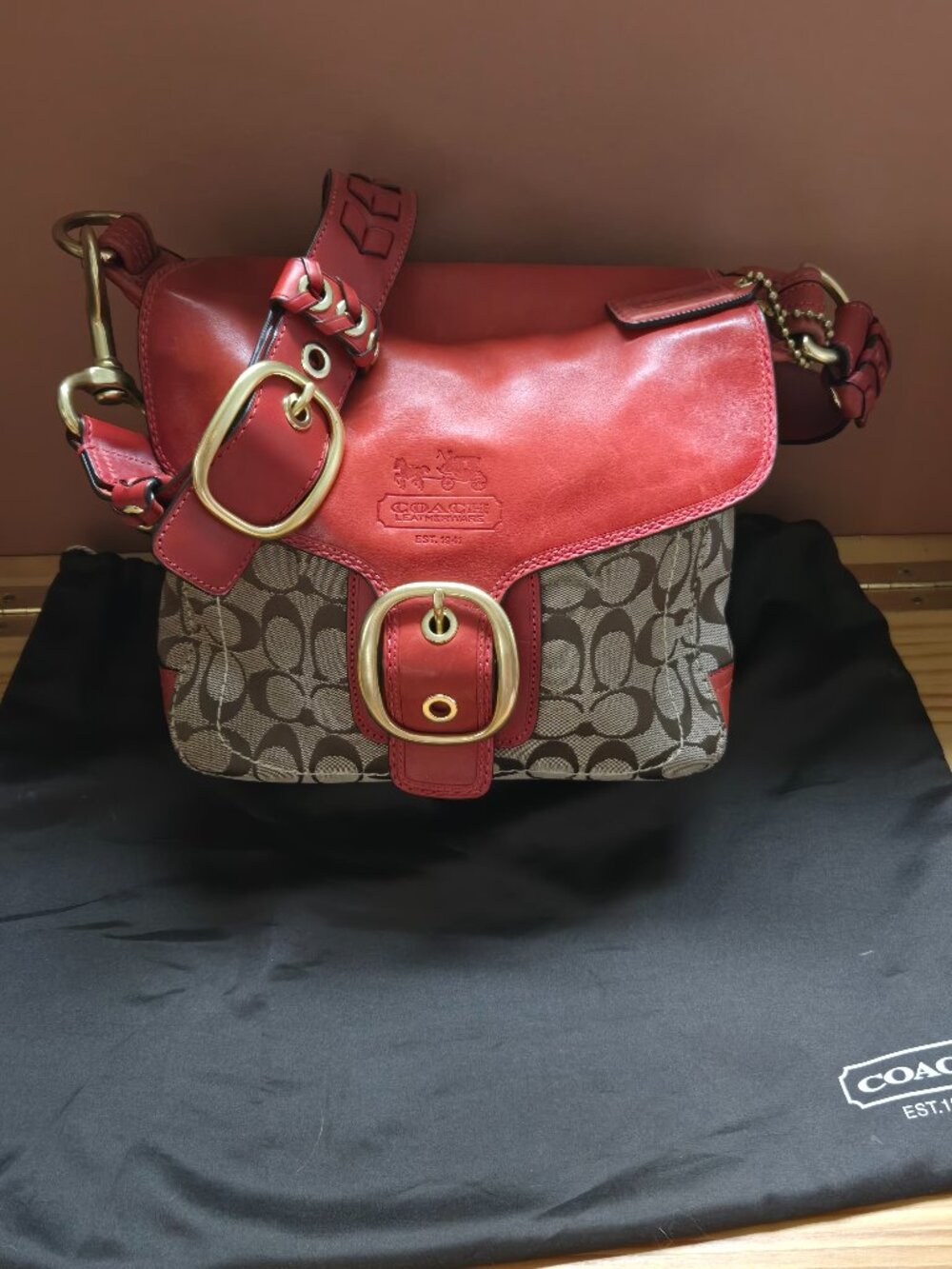 Coach Bleeker Red Orange Flap Leather and Canvas Shoulder Bag 11433.